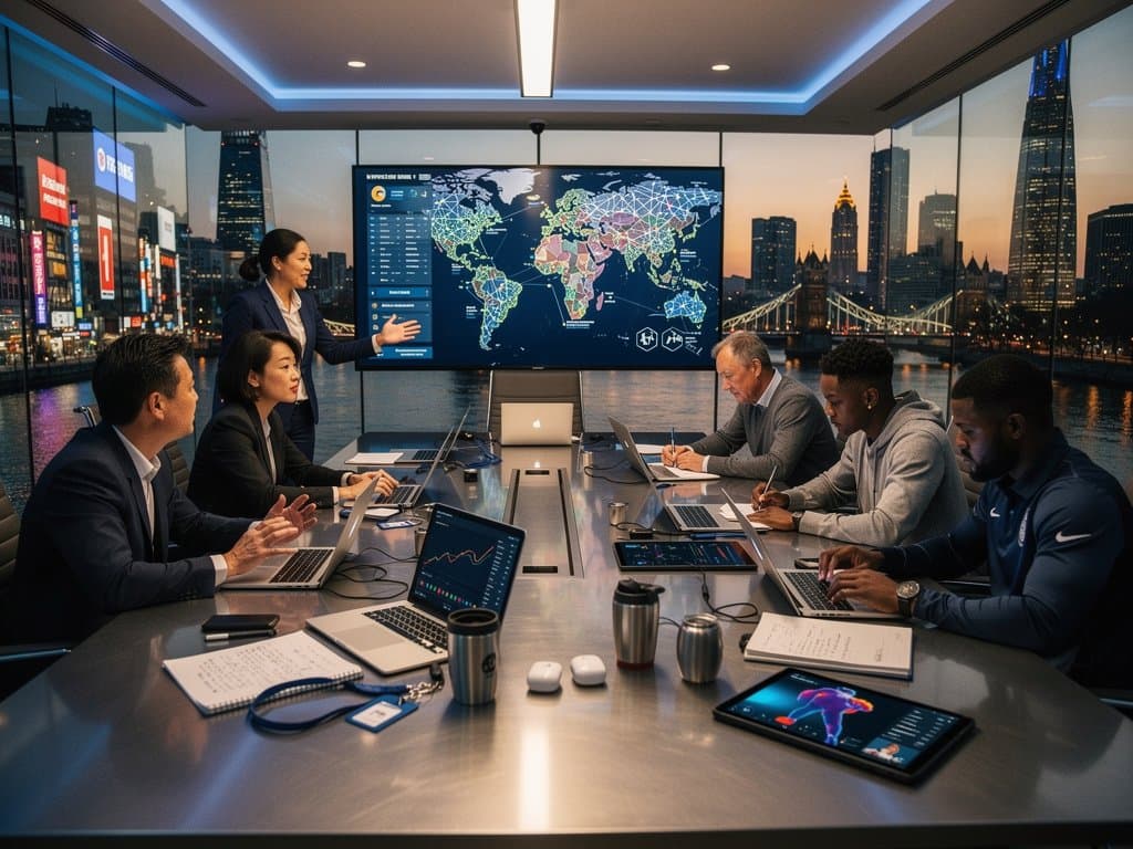 University boardroom screens show AI education dashboards and sports analytics in global tech context
