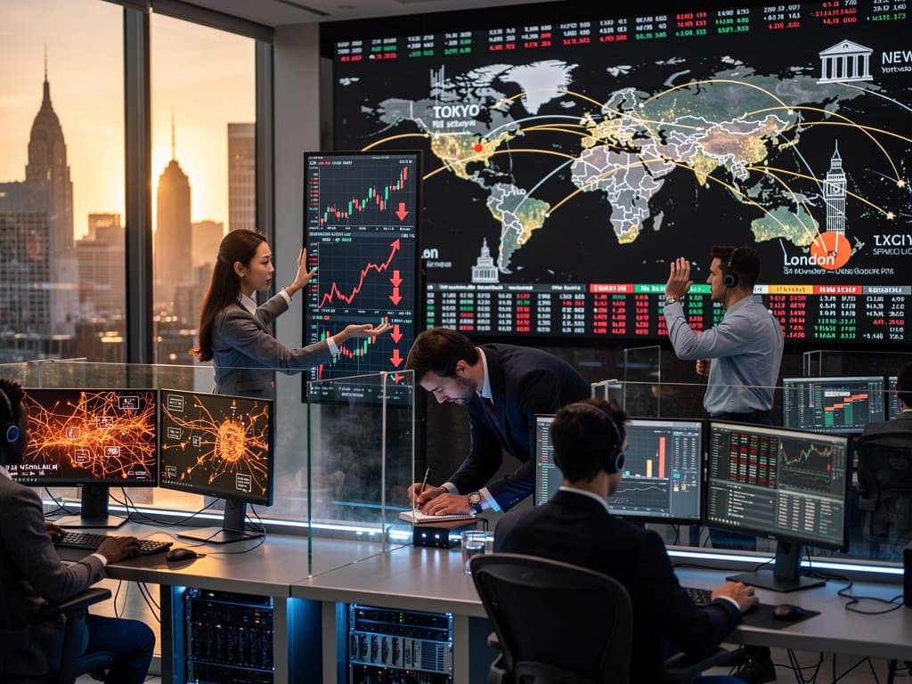 Holographic AI networks over global trading floor with crypto charts showing Bitcoin decline and Fear Index at 27