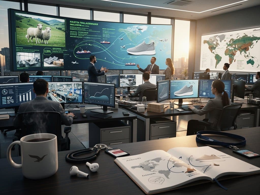 AI visualization of Allbirds global supply chain from New Zealand to U.S. with efficiency graphs and sustainable footwear production