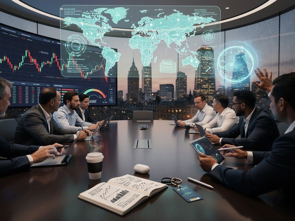 Holographic AI governance charts and crypto tickers in global boardroom with world map and regulatory icons