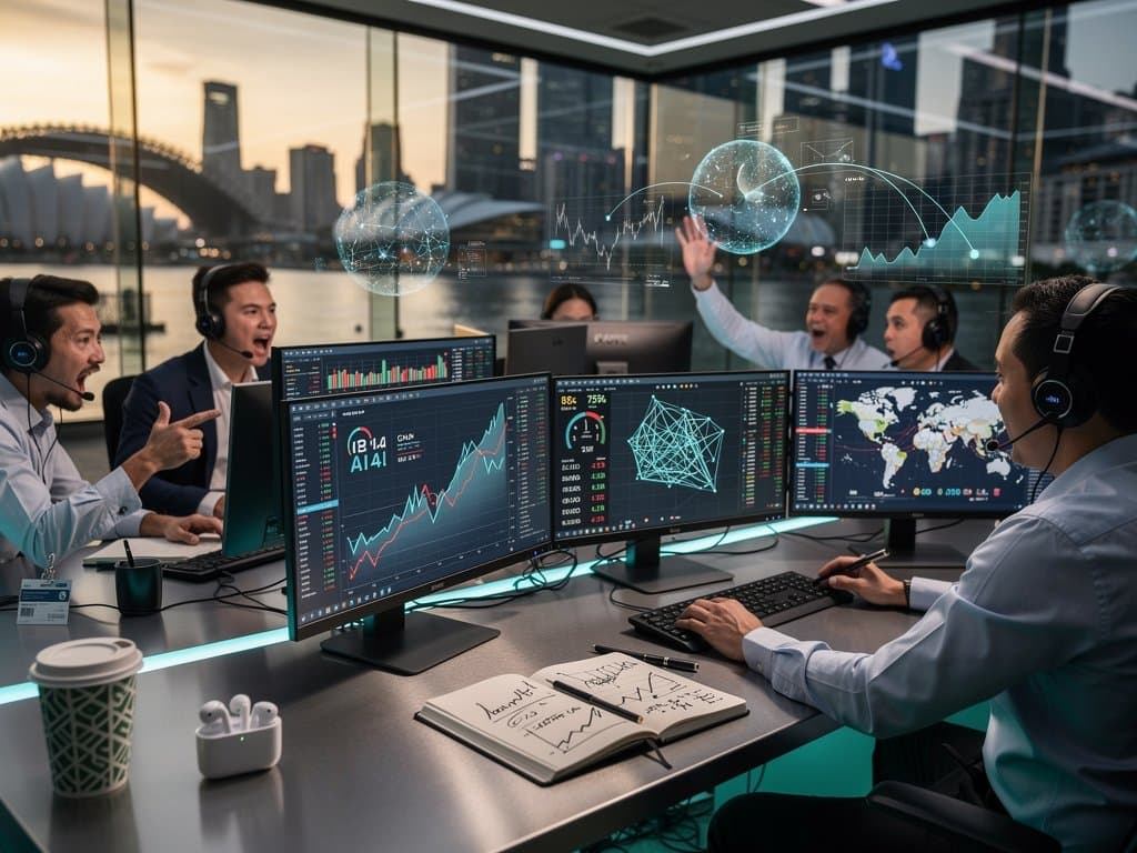Global traders analyze AI stocks and crypto charts on multi-screens in Singapore finance hub amid Fear & Greed 27