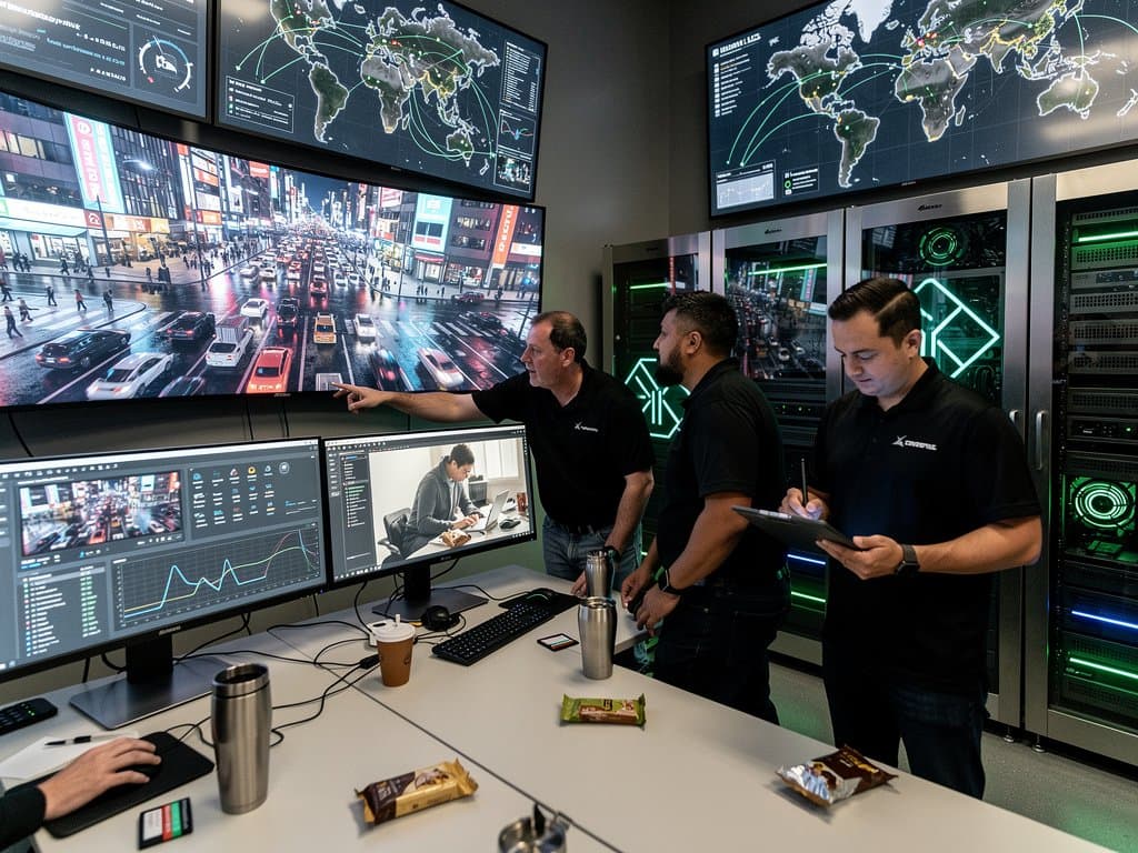 Nvidia lab with AI gaming simulations on curved monitors, server racks, and global supply chain maps under LED lights