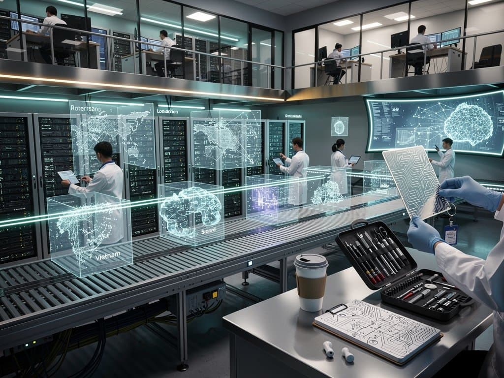 Global AI supply chain with GPUs, servers, world map, neural networks, and data centers in high-tech style