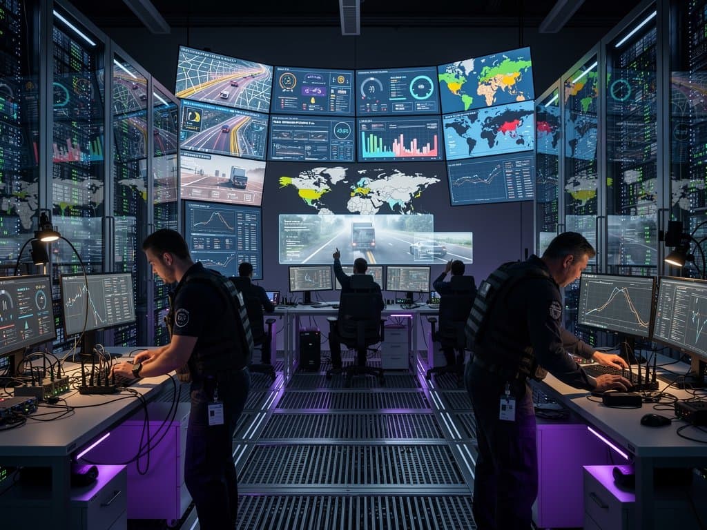 Cybersecurity dashboards monitor autonomous truck fleet threats in high-tech data center