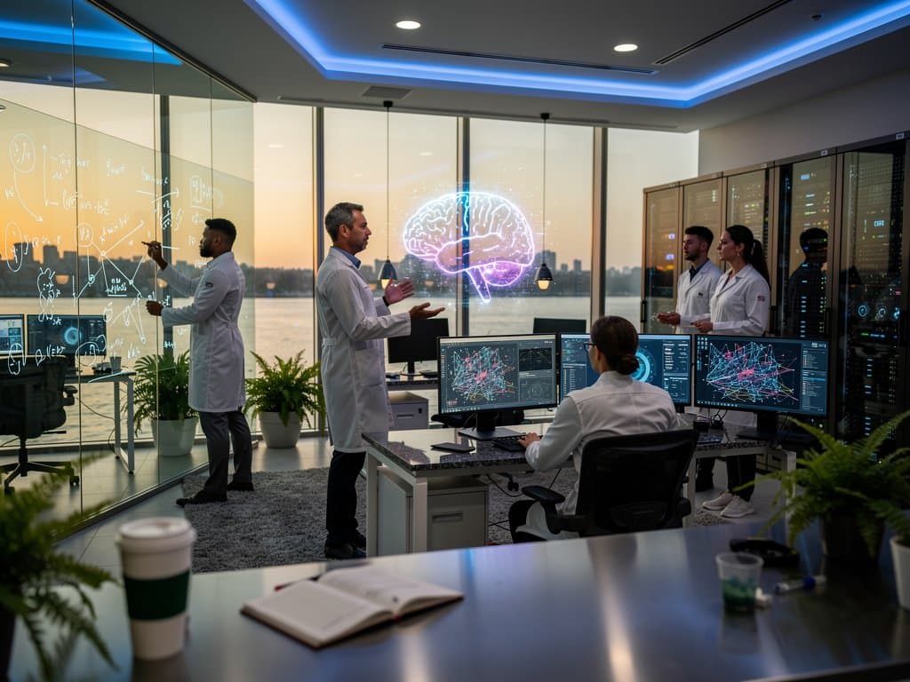 Futuristic AI lab with neural network displays, holographic models, and glowing servers overlooking river at dusk