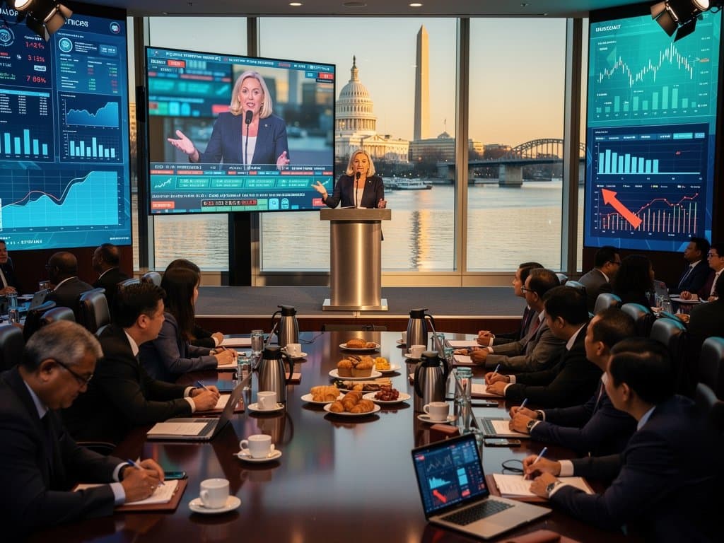 National Press Club event on Liz Shuler AI job disruptions in fintech, featuring charts, crypto tickers, coffee setup, and DC skyline view