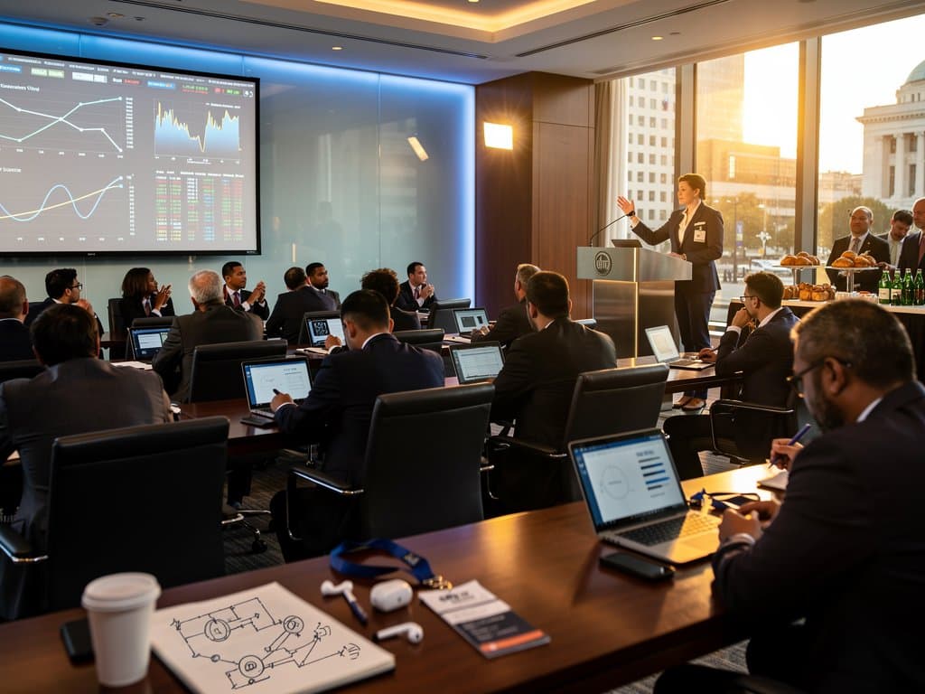 Modern press club event room with professionals, AI charts on screens, crypto tickers on Bloomberg Terminal amid coffee and discussions