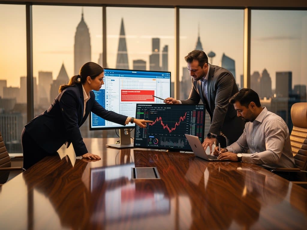 Conference room with AI legal tools on monitor, BTC charts on Bloomberg terminal amid global skyline view