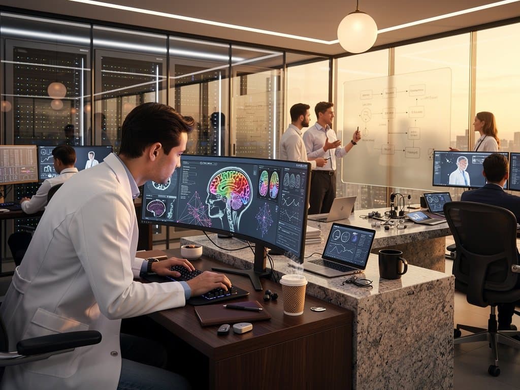 AI health tech lab with monitors showing medical scans, neural networks, and cybersecurity dashboards amid innovative workspace elements