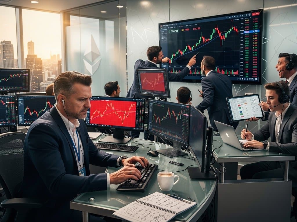 Traders on global floor analyze red crypto charts on multi-monitors amid city skyline and market tension