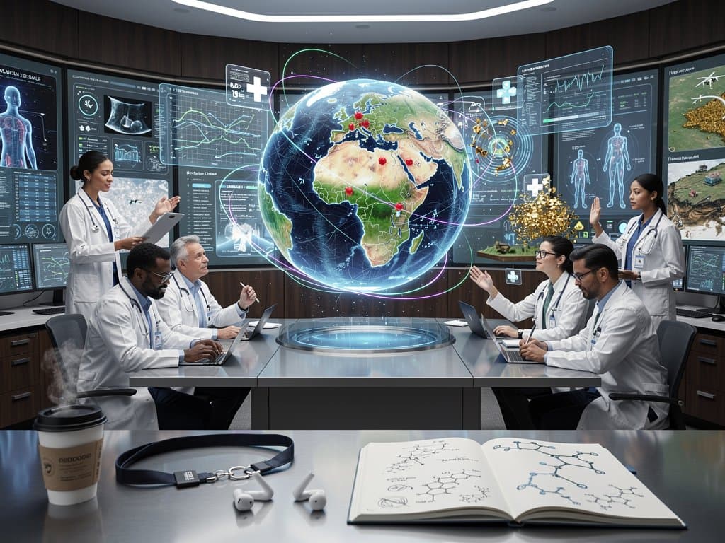 Abstract futuristic world map of AI healthcare networks connecting global shortage regions with diagnostic gadgets and finance charts