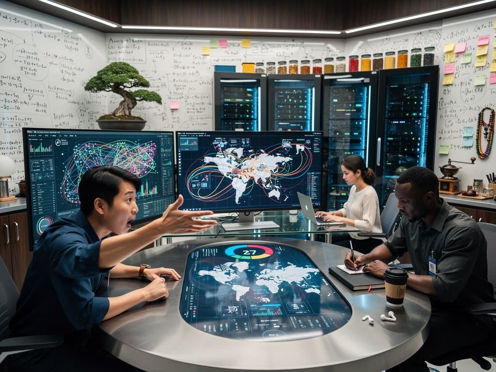 Global AI lab with researchers, neural networks on screens, crypto charts, and world map elements under LED lights