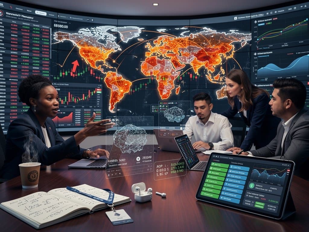 Advisors collaborate on AI dashboards and crypto charts at BNY Mellon Pershing lab with monitors, keyboards, and Manhattan skyline view