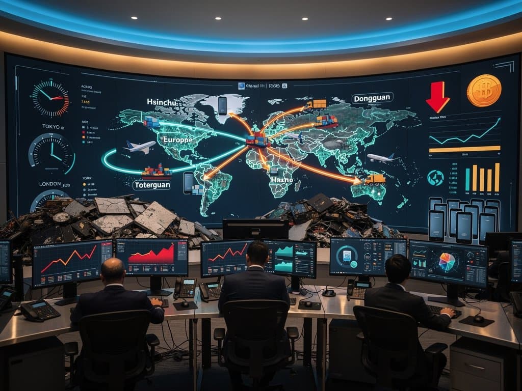Global supply chain map with Kindle production from Taiwan to US, overlaid BTC USD 74,347 decline charts and e-waste stacks