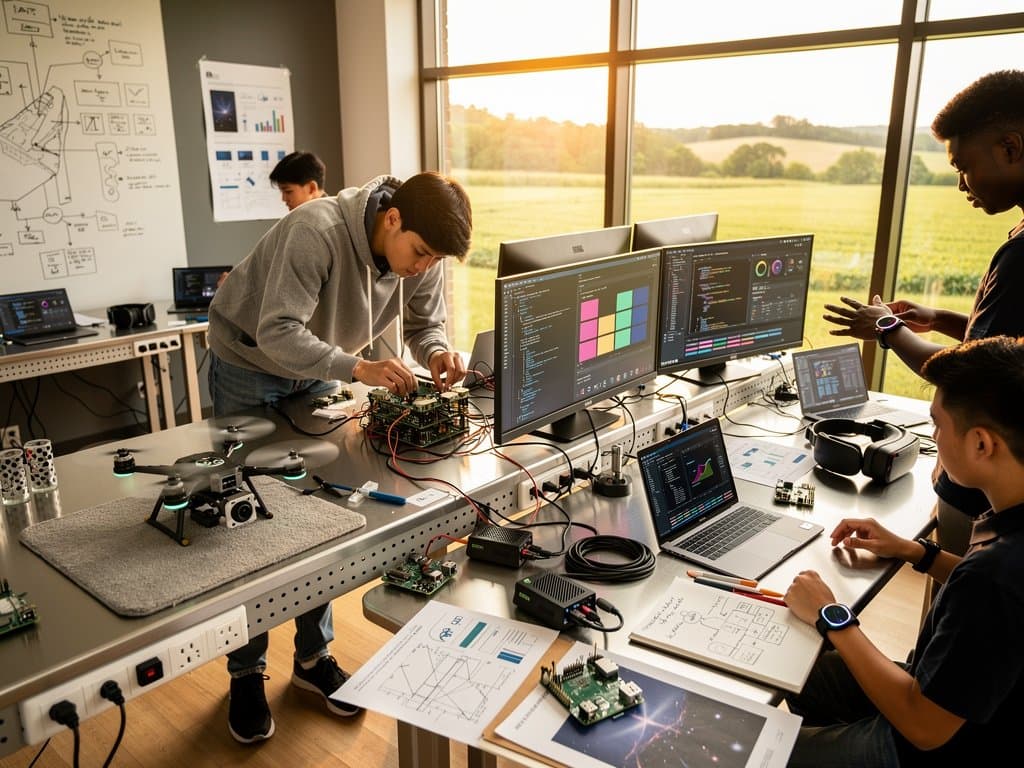 High school makerspace buzzing with AI gadgets, Raspberry Pi setups, neural network screens, and global supply chain sketches under natural light