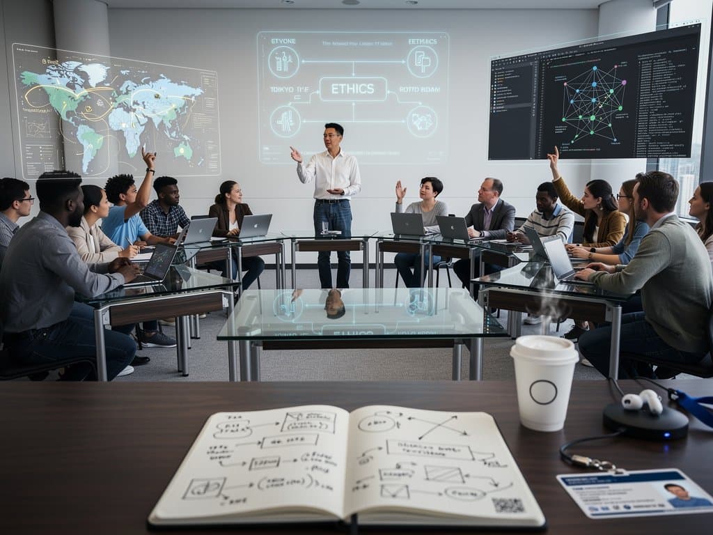 Abstract futuristic classroom with AI ethics holograms, coding interfaces, global tech maps, and Fear & Greed Index at 29