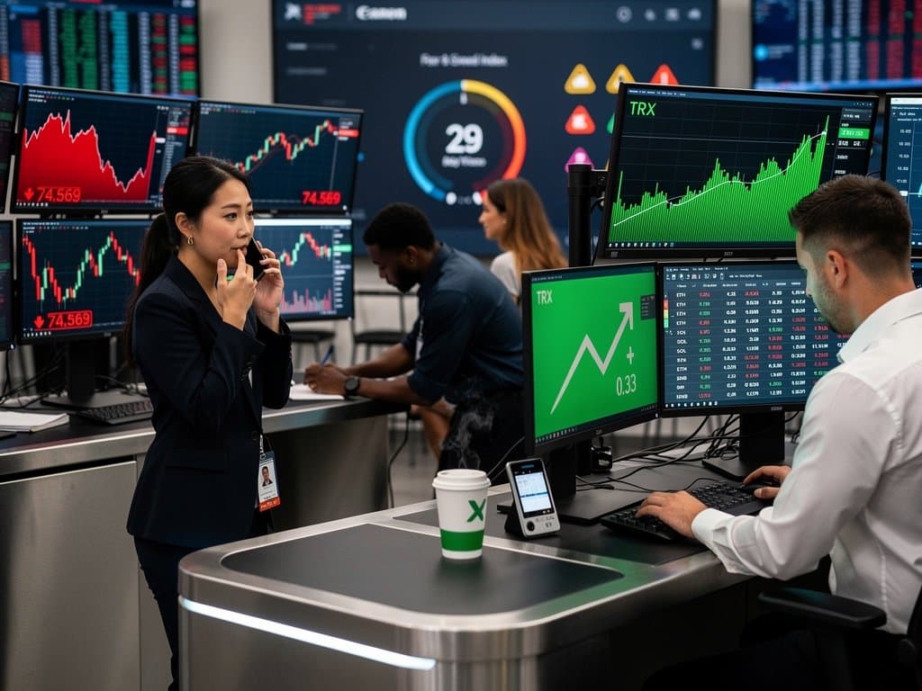 Global traders monitor cryptocurrency stocks on screens showing BTC at USD 74,569, TRX gains, and MarketBeat watchlists with Fear & Greed Index.