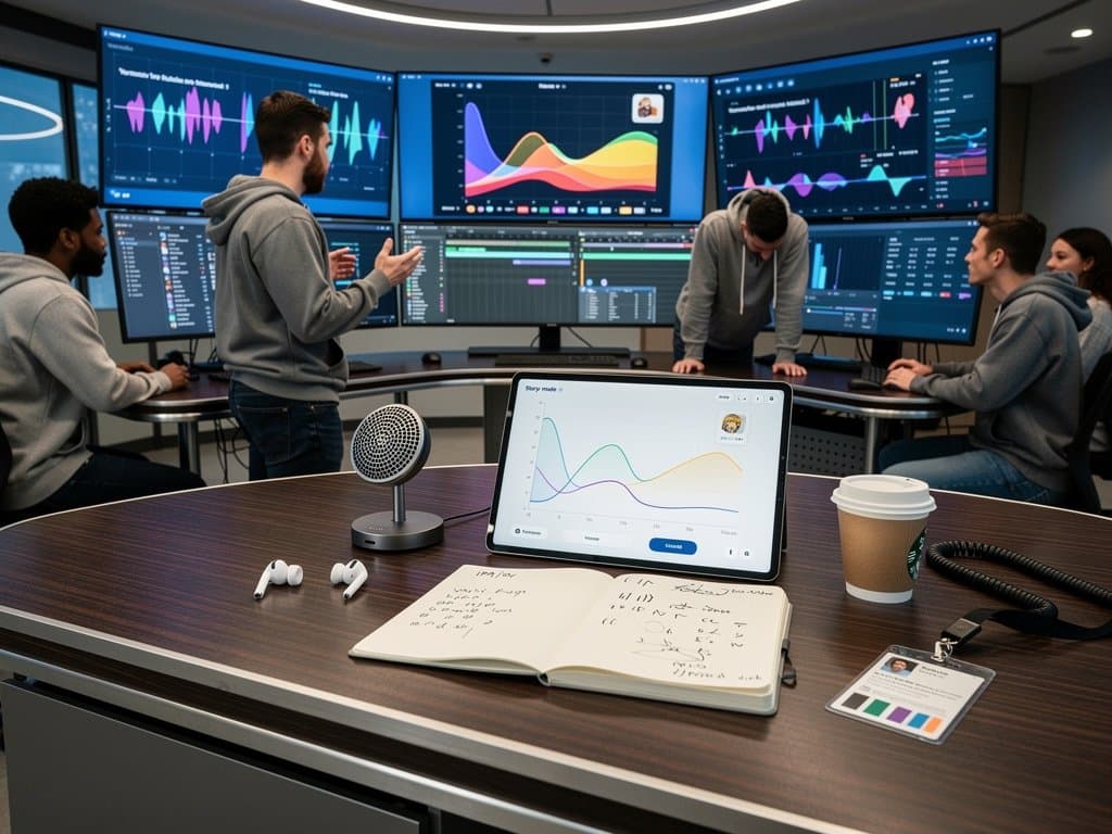AI startup team analyzes voice synthesis waveforms for bedtime stories in modern global lab