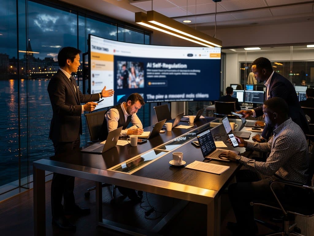 Dublin newsroom editors analyze Irish Times AI self-regulation editorial amid crypto charts, EU AI Act maps, global market tickers