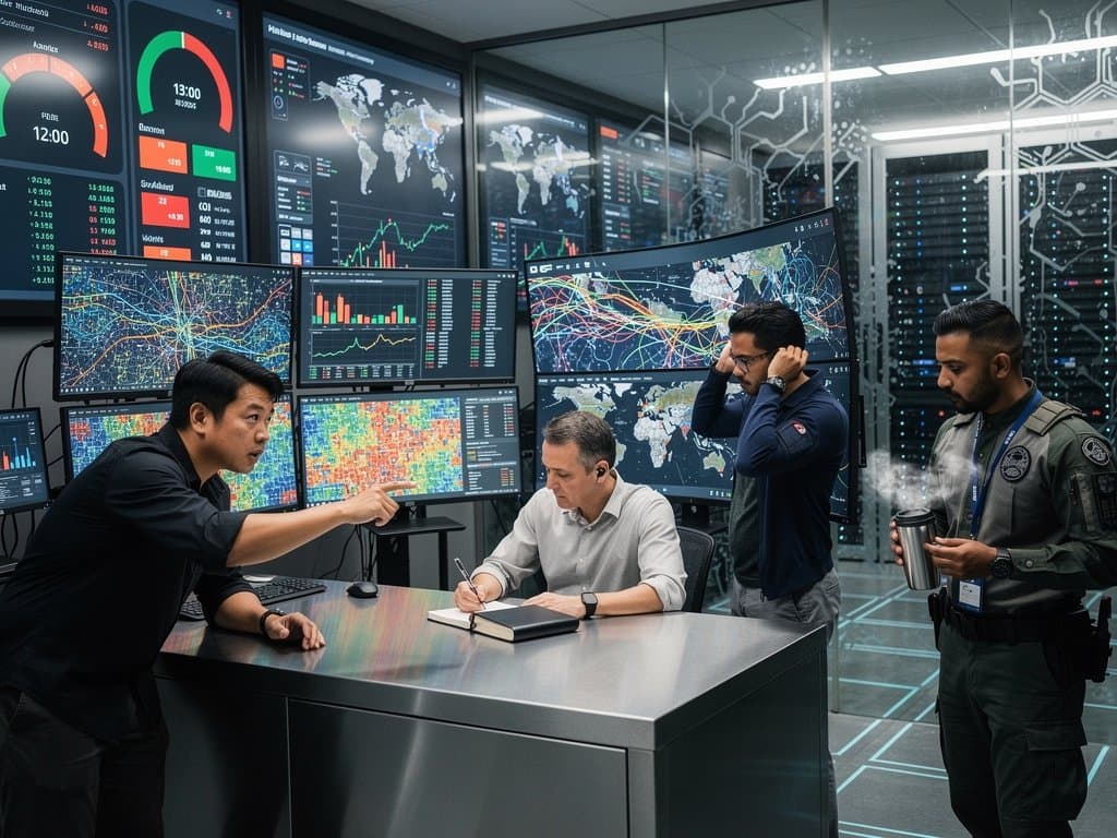 Analysts monitor machine learning surveillance feeds on multi-monitor setups in a premium Tier IV data center control room
