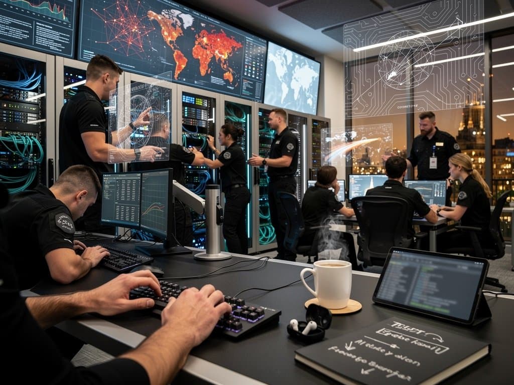 Cybersecurity team monitors AI threats in Dublin ops center with global threat maps and server racks