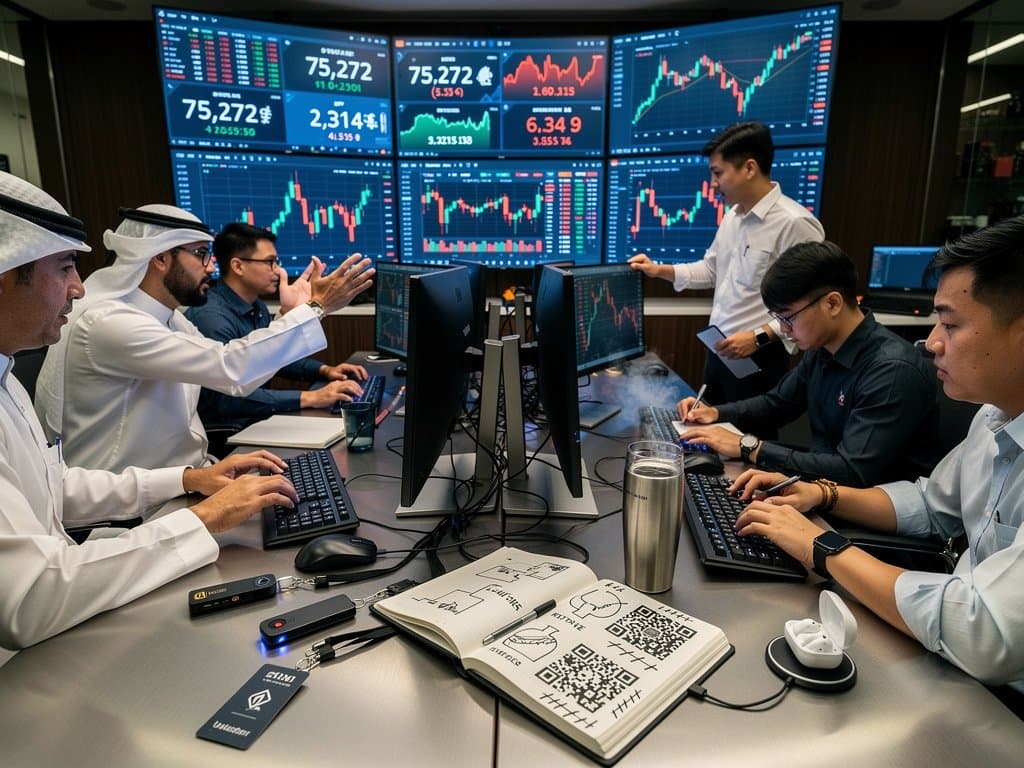 Crypto traders analyze IRGC-linked wallet flows and Bitcoin charts at global exchange under modern lighting