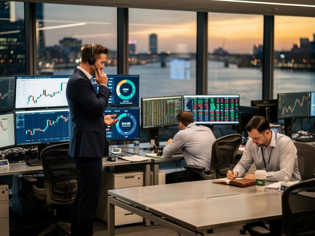Traders at multi-monitor desks in Canary Wharf fintech hub analyze USDC lending charts, crypto prices on Bloomberg terminals, and global indices amid Thames River views
