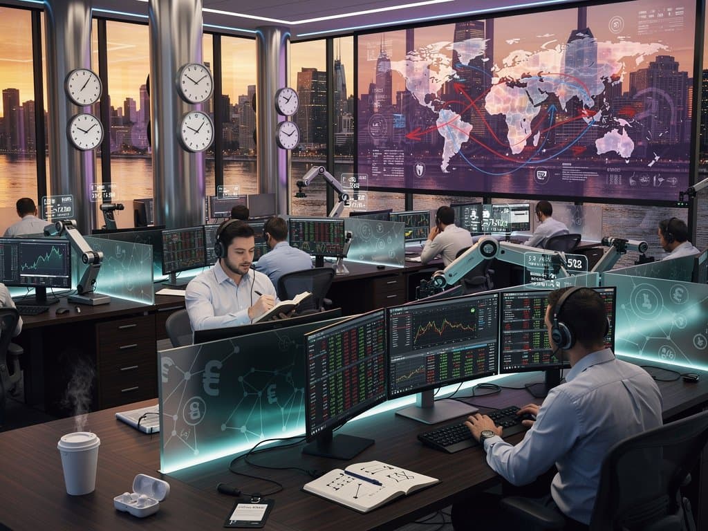 Trading screens with BTC spot-derivatives alignment, basis charts, Fear & Greed 29 on modern fintech floor