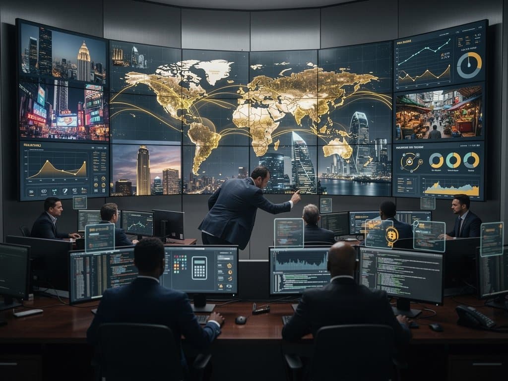 Global AI command center displaying agent benchmarks, LLM tooling, and crypto market data with world connections