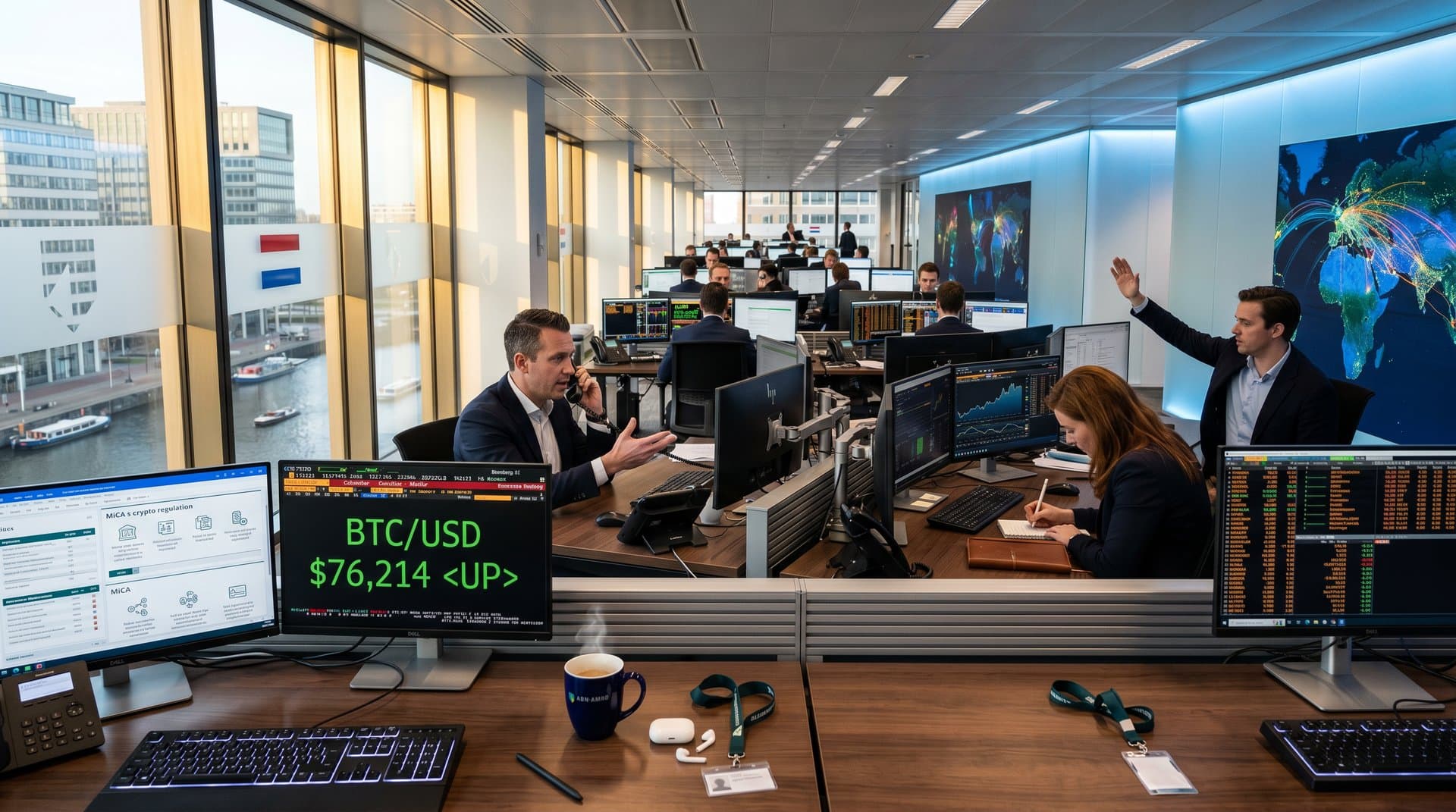 Modern ABN AMRO trading floor with crypto charts, MiCA documents, and global market displays in Amsterdam