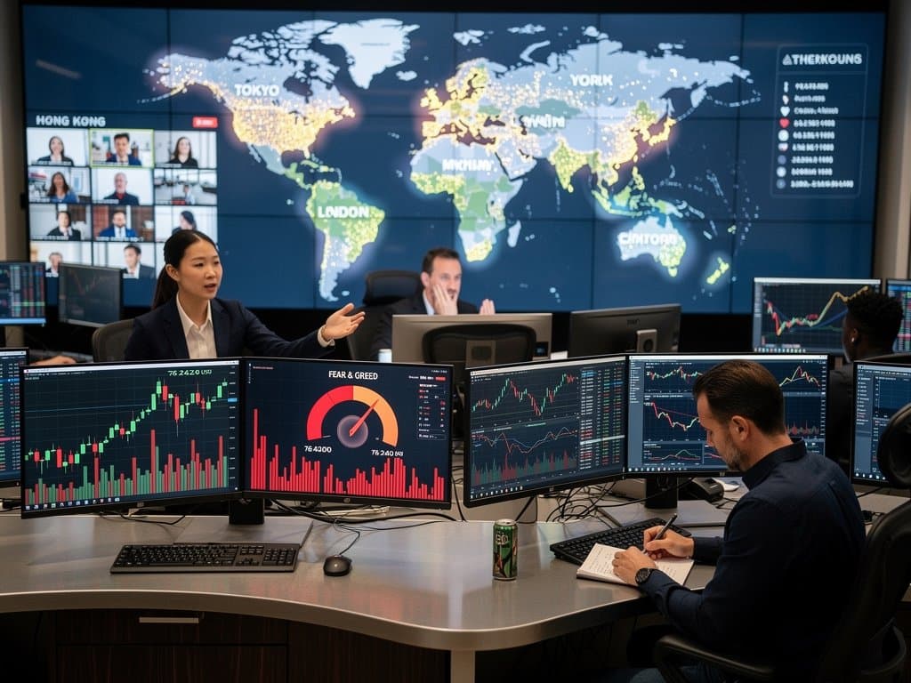 Trading screens show crypto volatility with BTC at USD 76K and Fear 29 index amid global market maps