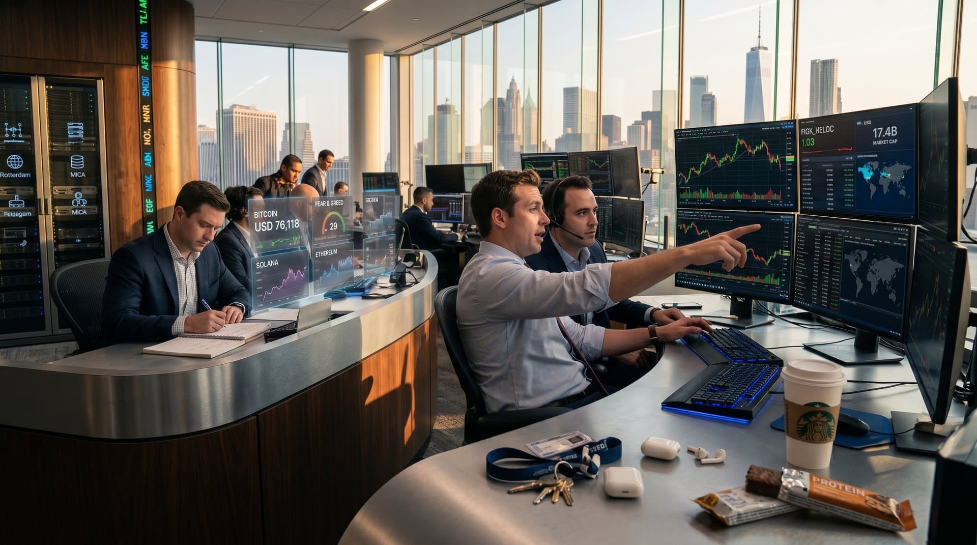Traders monitor FIGR_HELOC cryptocurrency charts on multi-screens in a bustling global trading floor with market data and world maps