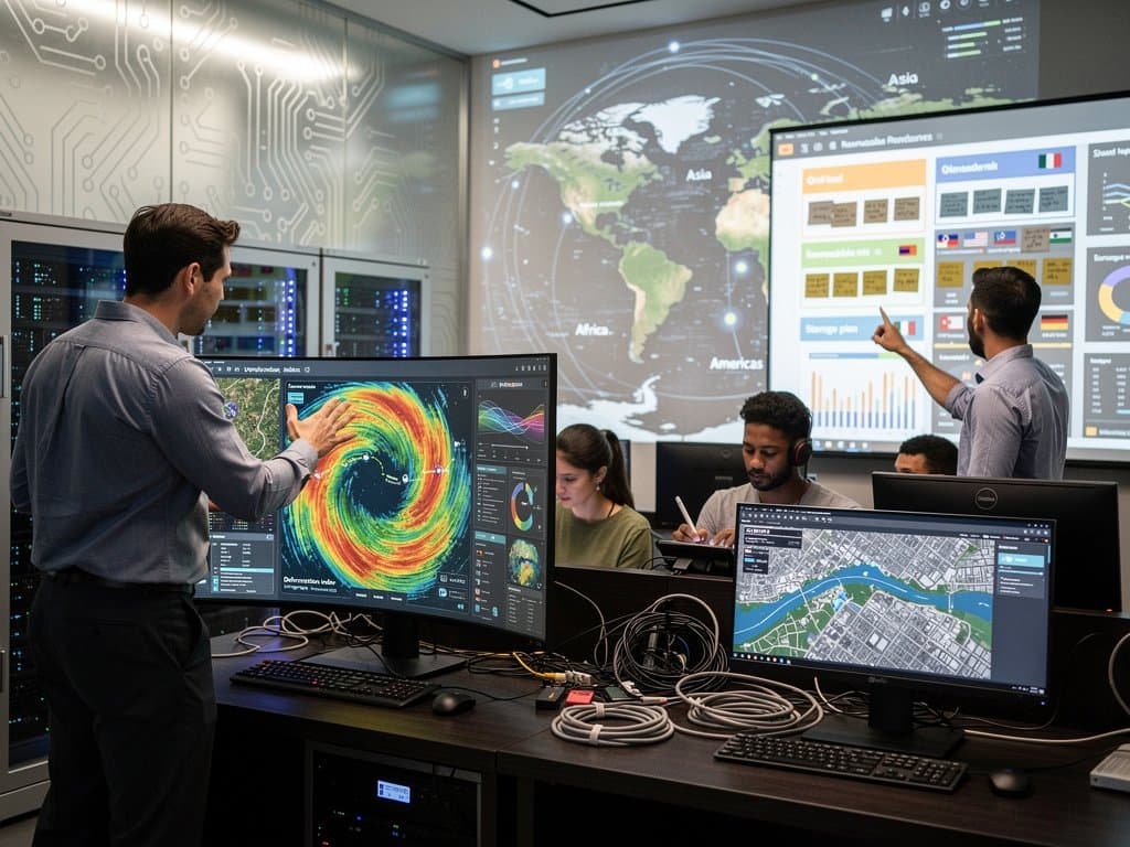 AI lab screens visualize global climate data, heat maps, satellites, and supply chains in modern tech environment