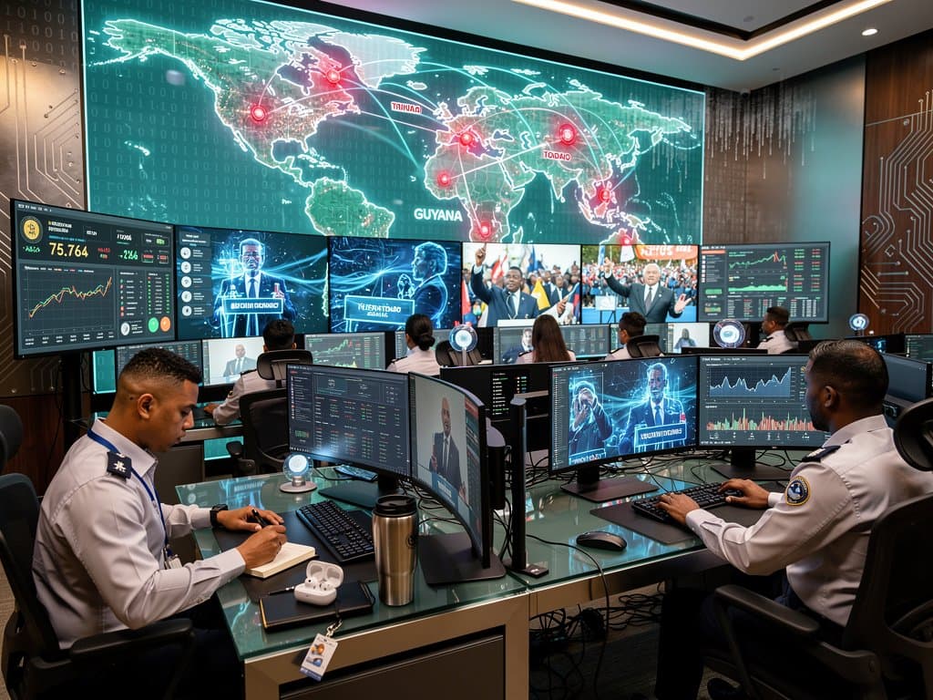 AI neural networks detecting deepfakes in election footage on multi-screens in high-tech command center with BTC chart and Caribbean threat map