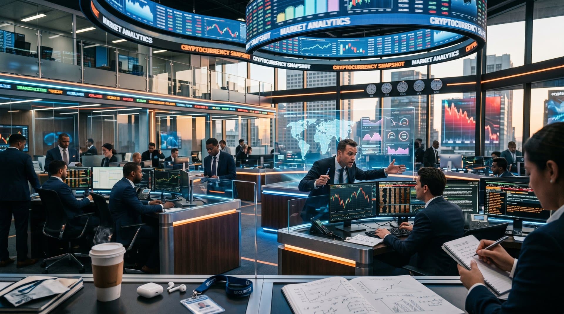 Traders analyzing XRP price charts and Fear & Greed Index on multi-monitor trading floor