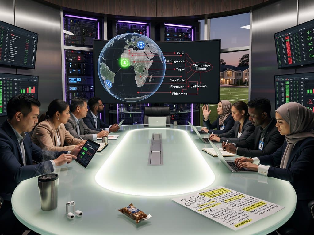Abstract high-tech lab scene with AI ethics flowchart on screen, silhouettes collaborating around table amid glowing servers and modern lighting