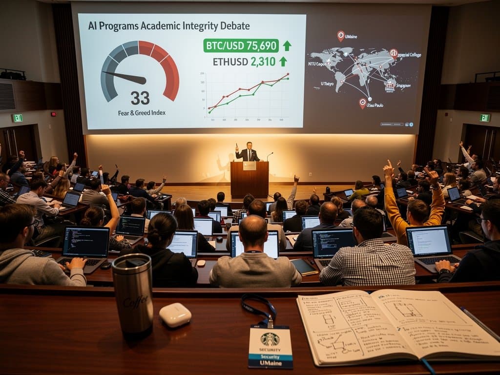 University lecture hall with AI ethics projection, Fear & Greed 33 gauge, crypto charts, global maps, laptops and notebooks on desks