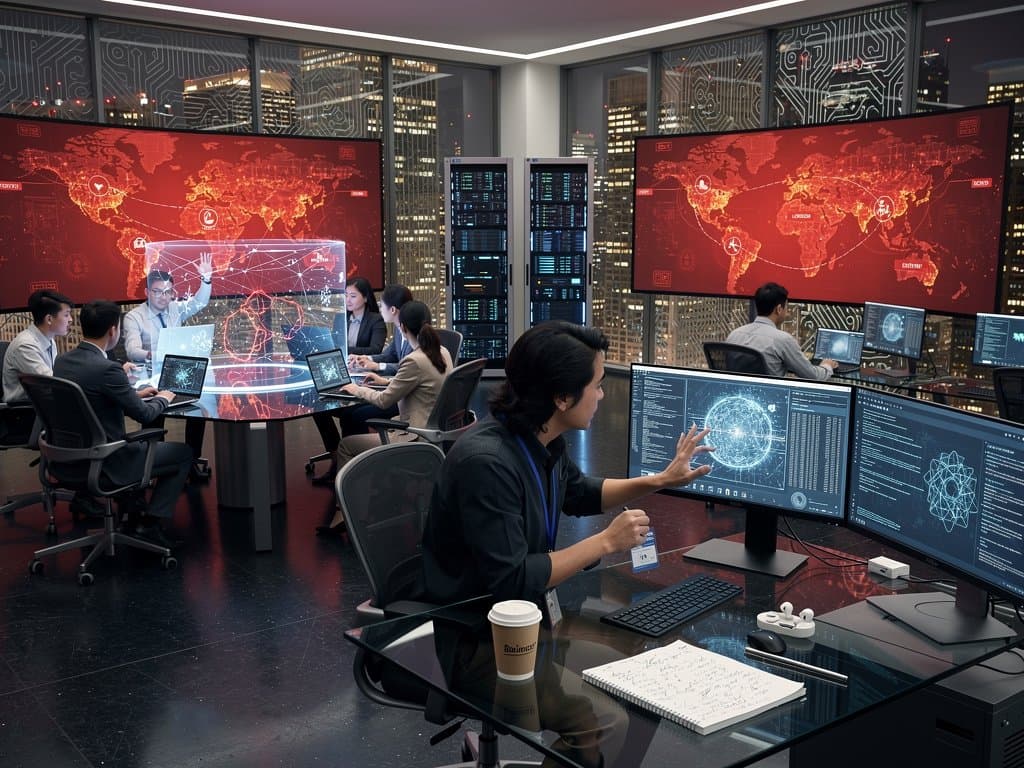 Global team monitors AI-driven cybersecurity threats on video walls in high-tech operations center