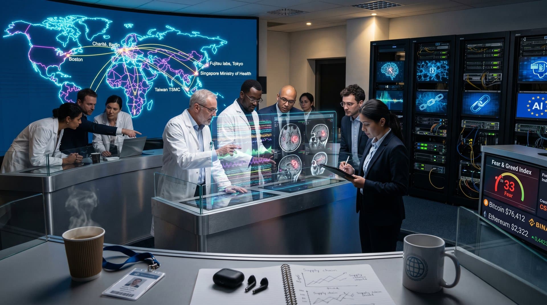 Holographic AI medical scans and global connectivity map in high-tech European health control room