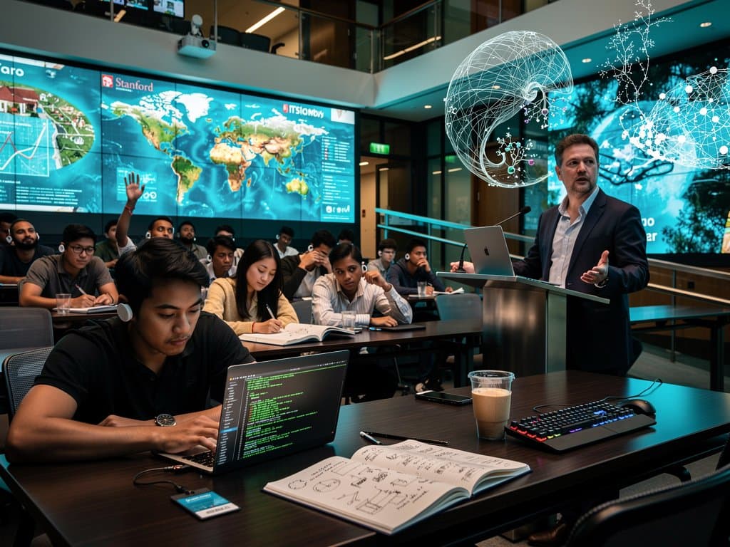 Holographic AI visualizations in a global university lecture hall linking campuses worldwide