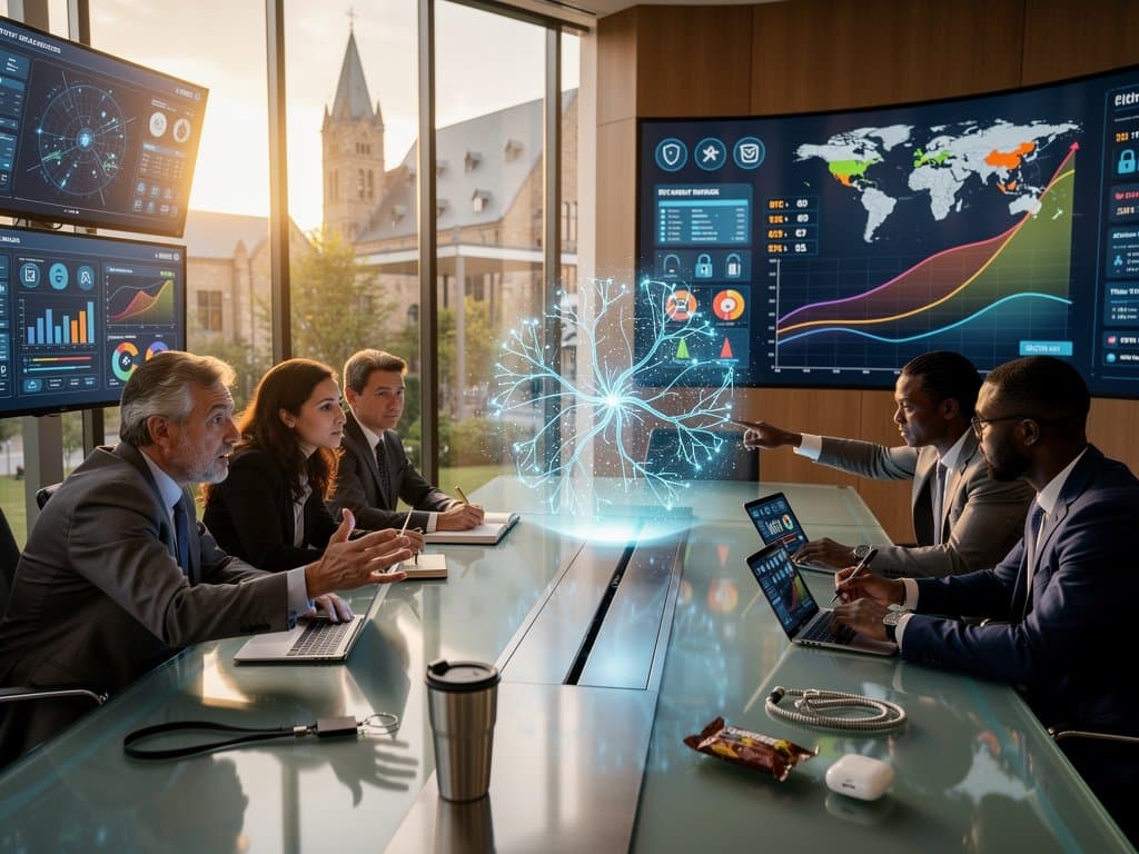 University leaders' silhouettes discuss AI in higher education with global maps, neural networks, and crypto charts on screens