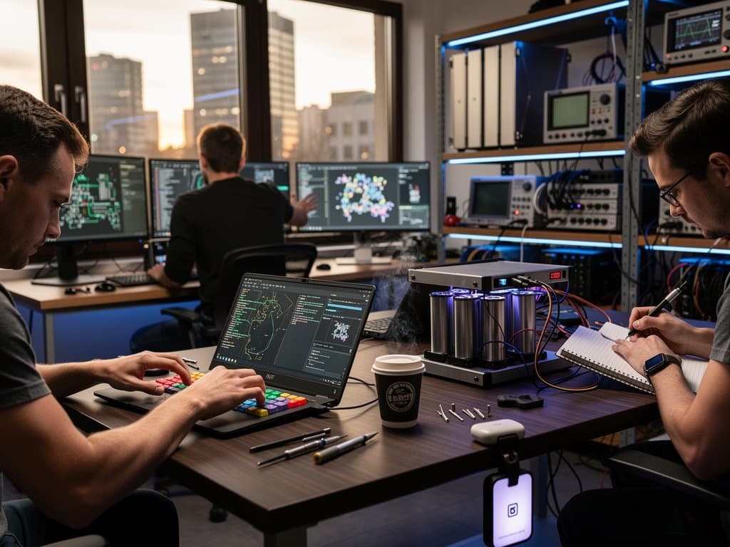 Custom MNT Reform laptop assembly in Berlin workshop with keycaps, chargers, and schematics