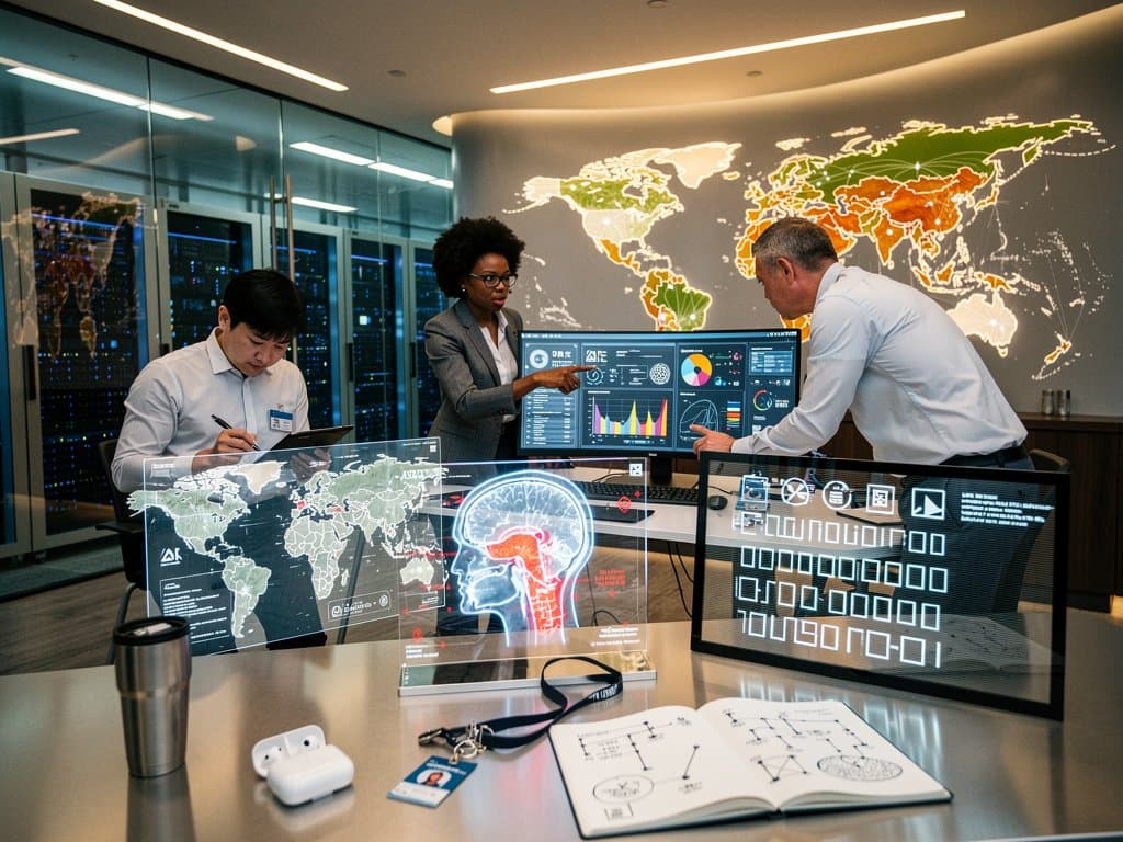 AI lab analysts review ethical healthcare dashboards with global regulatory maps and diagnostic scans amid secure servers