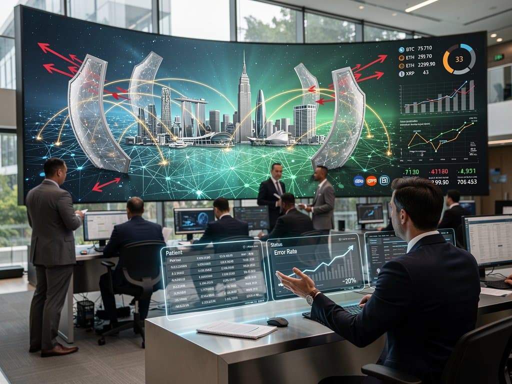 Ethical AI secures global healthcare data flows with cybersecurity shields, revenue dashboards, and crypto sentiment charts in futuristic style