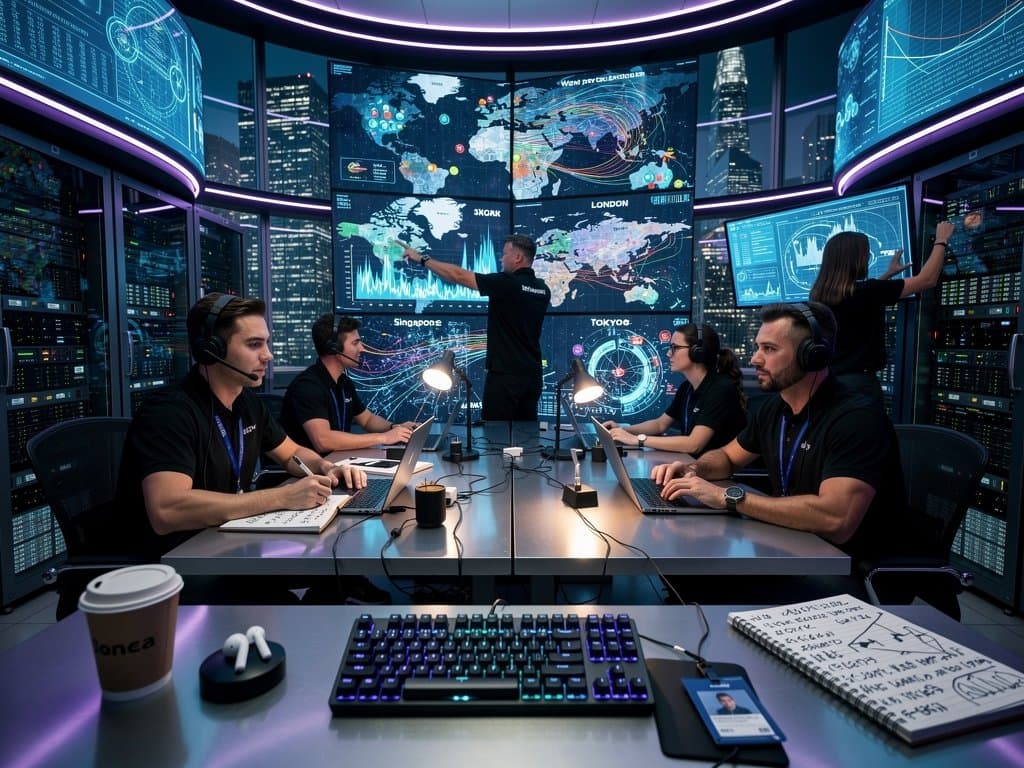 Global cybersecurity team monitors crypto threats on dashboards with world heat maps in high-tech operations center