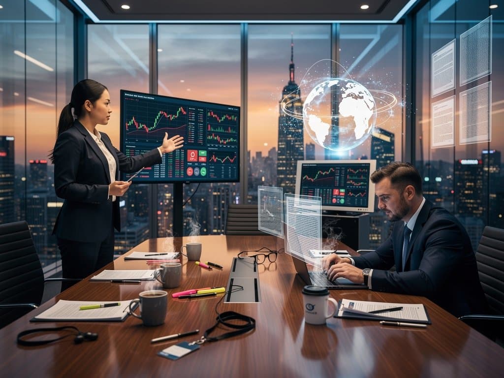 Lawyers in modern conference room review crypto charts and documents on large monitors amid walnut tables and river view
