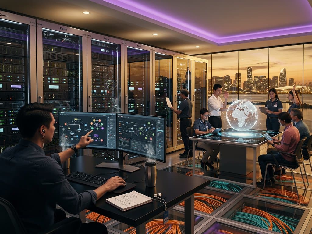 Cybersecurity team reviewing OAuth logs in high-tech Singapore data center amid server racks