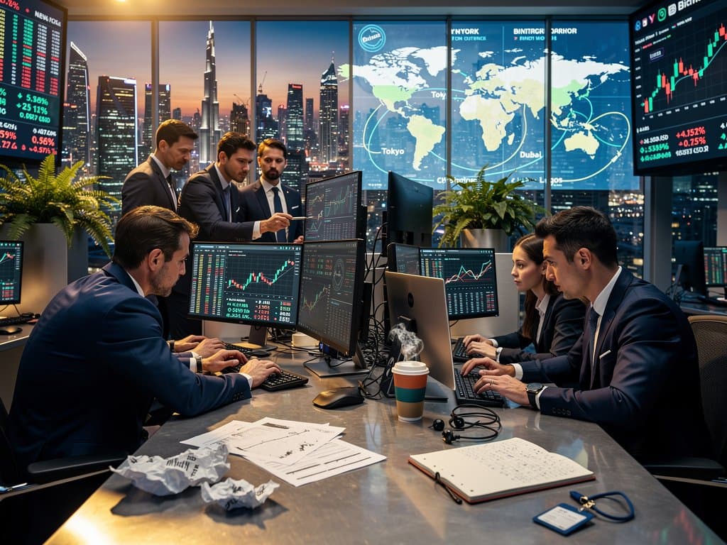 Global traders monitor Bitcoin price at 75,531 USD on multi-screens amid investment flow maps and city skylines