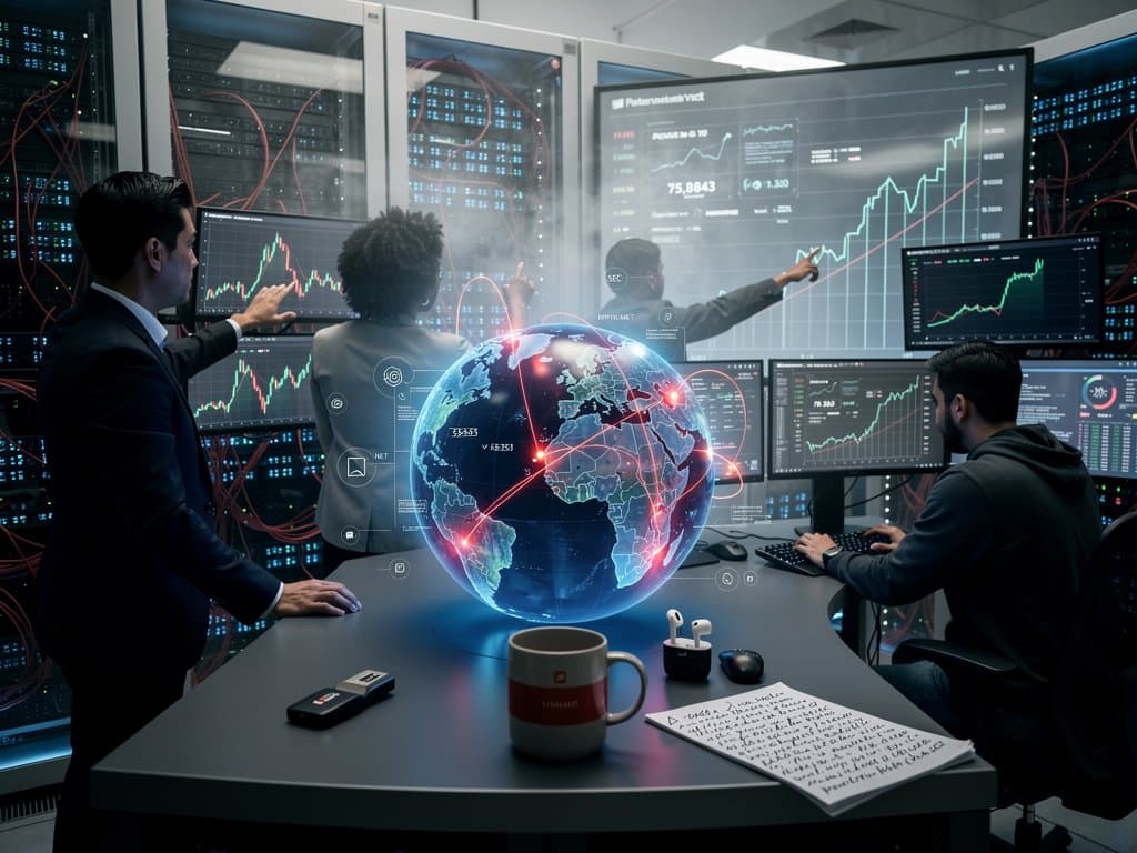 Global data center team analyzes Vercel OAuth breach on holographic displays amid server racks and data streams