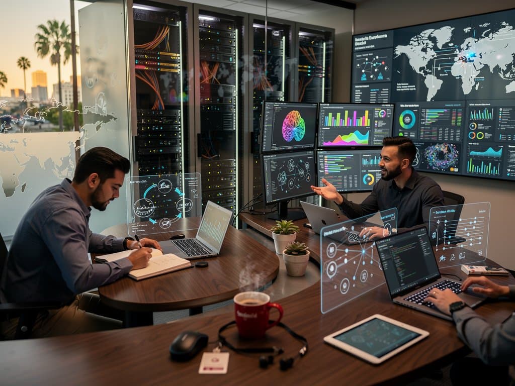 Futuristic Stanford-inspired AI lab with multi-monitor setups showing healthcare agent code, global maps, and metrics amid modern office with server racks and holographic displays
